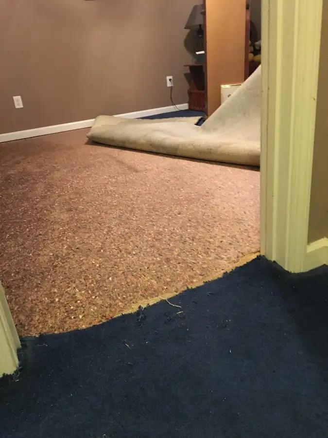Carpet pad removal revealing water damage during Water Mitigation Services in Dobbs Ferry